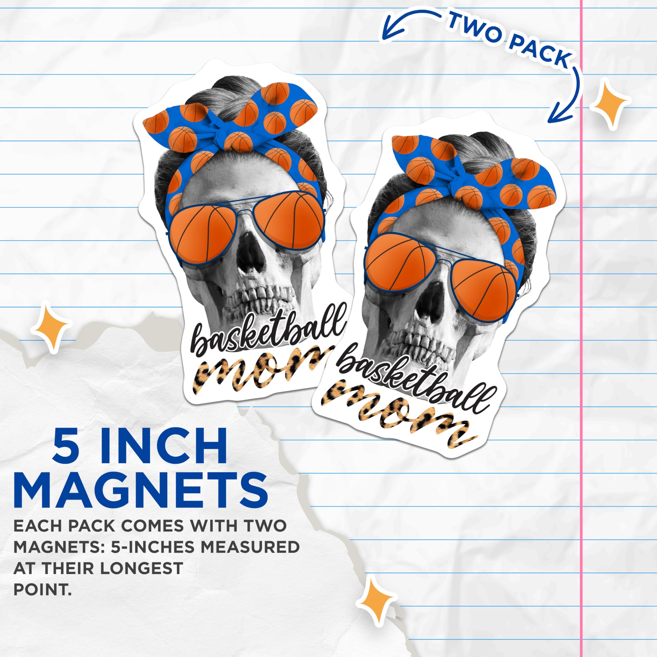 (2 Pack) Basketball Mom Magnets - Skull Bandana - Leopard Print Sports Decor - 5" On Longest Side - Premium Magnet - for Cars, Refrigerators, Toolboxes, Lockers - Made in USA - MAG17485