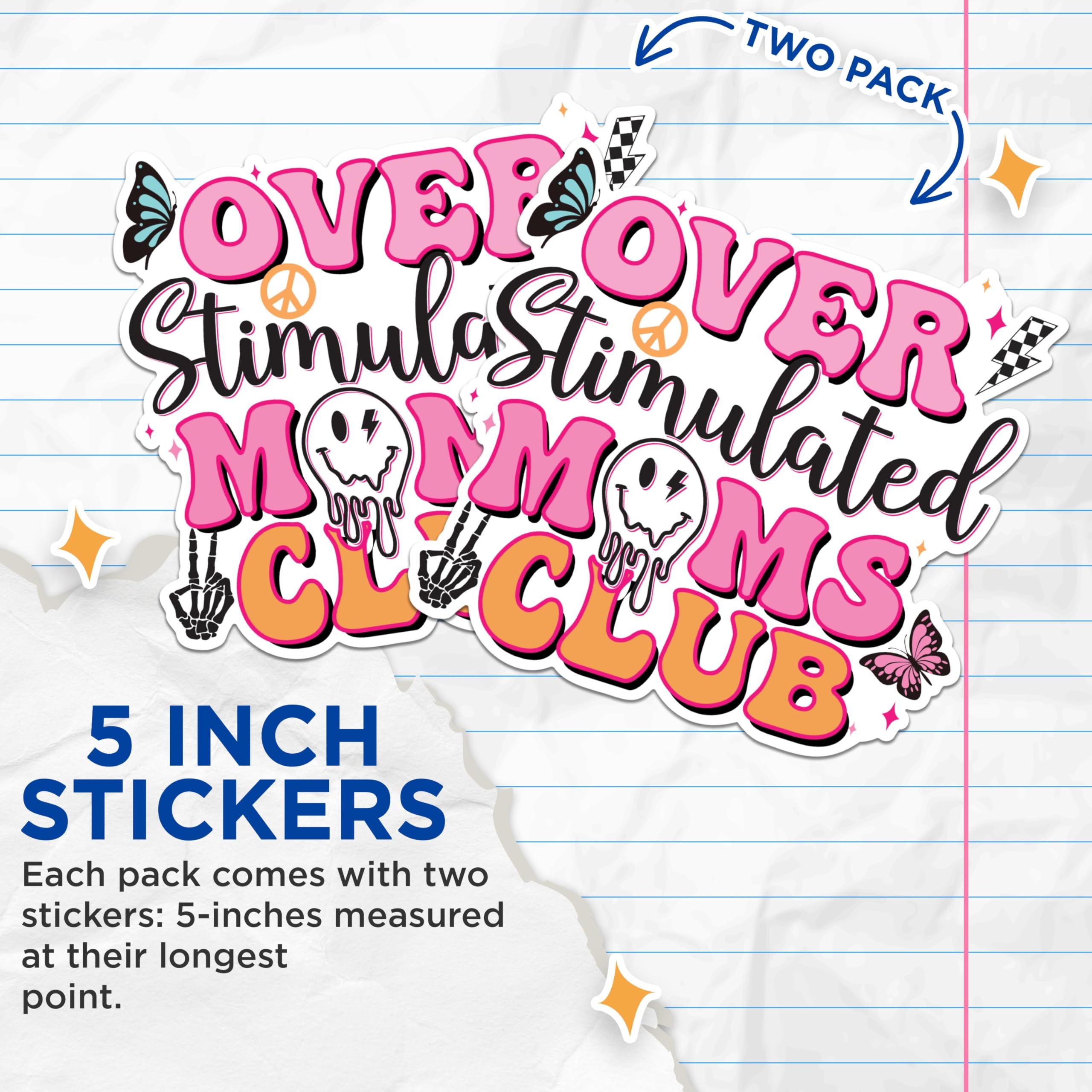 (2 Pack) Over Stimulated Moms Club Stickers - Funny Mom Stickers - Club Membership Stickers - 5" On Longest Side - Sticks to Any Smooth Flat Surface - Made in USA - BMCS3023