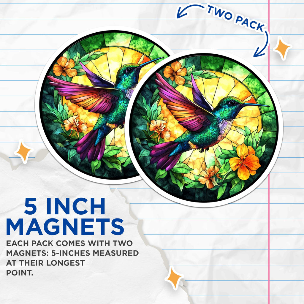 (2 Pack) Stained Glass Hummingbird Magnets - Nature Inspired Decor - Fridge Magnets Aesthetic - 5 Inches On Longest Side - Thick Durable Magnet - Made in USA - MAG29552