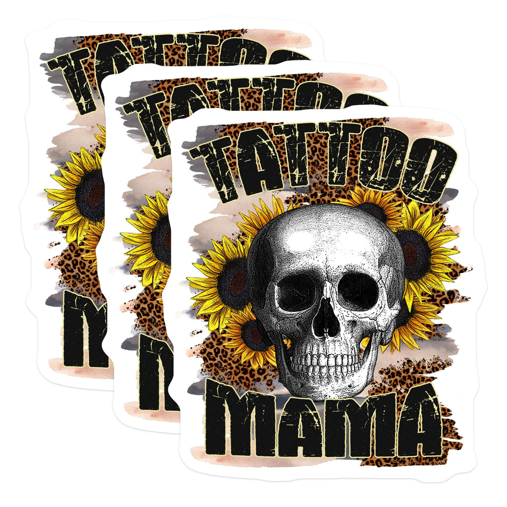 (3 Pack) Tattoo Mama Decals - Sunflower Skull - Leopard Print Decals - 3 Inches On Longest Side - Easy Peel & Apply - Made in USA - 3MCS4454