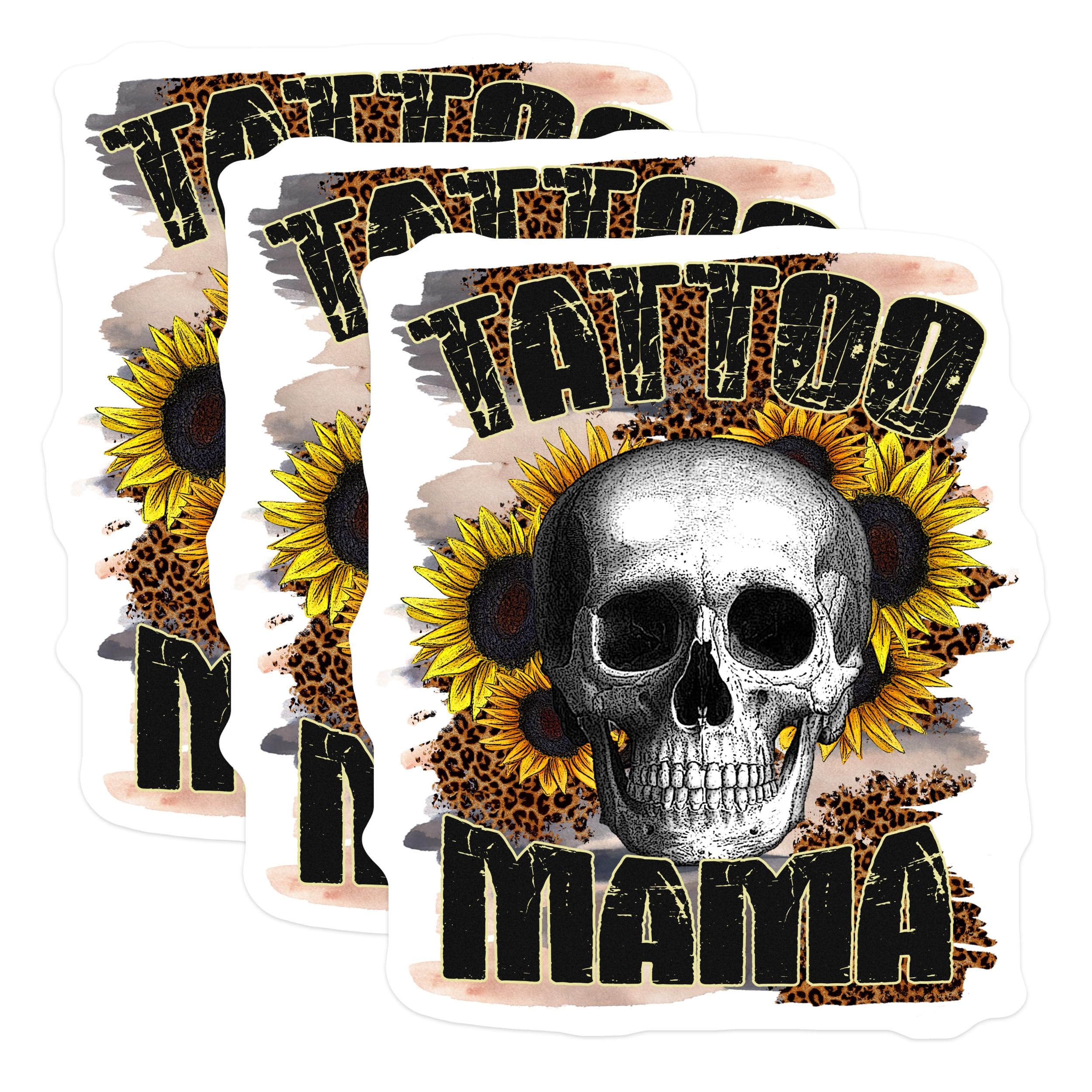 (3 Pack) Tattoo Mama Decals - Sunflower Skull - Leopard Print Decals - 3 Inches On Longest Side - Easy Peel & Apply - Made in USA - 3MCS4454