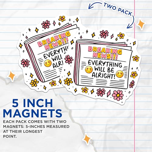 (2 Pack) Breaking News Magnets - Everything Will Be Alright - Cute Positive News Decor - 5" On Longest Side - for Cars, Fridges, Toolboxes - Made in USA - MAG7510