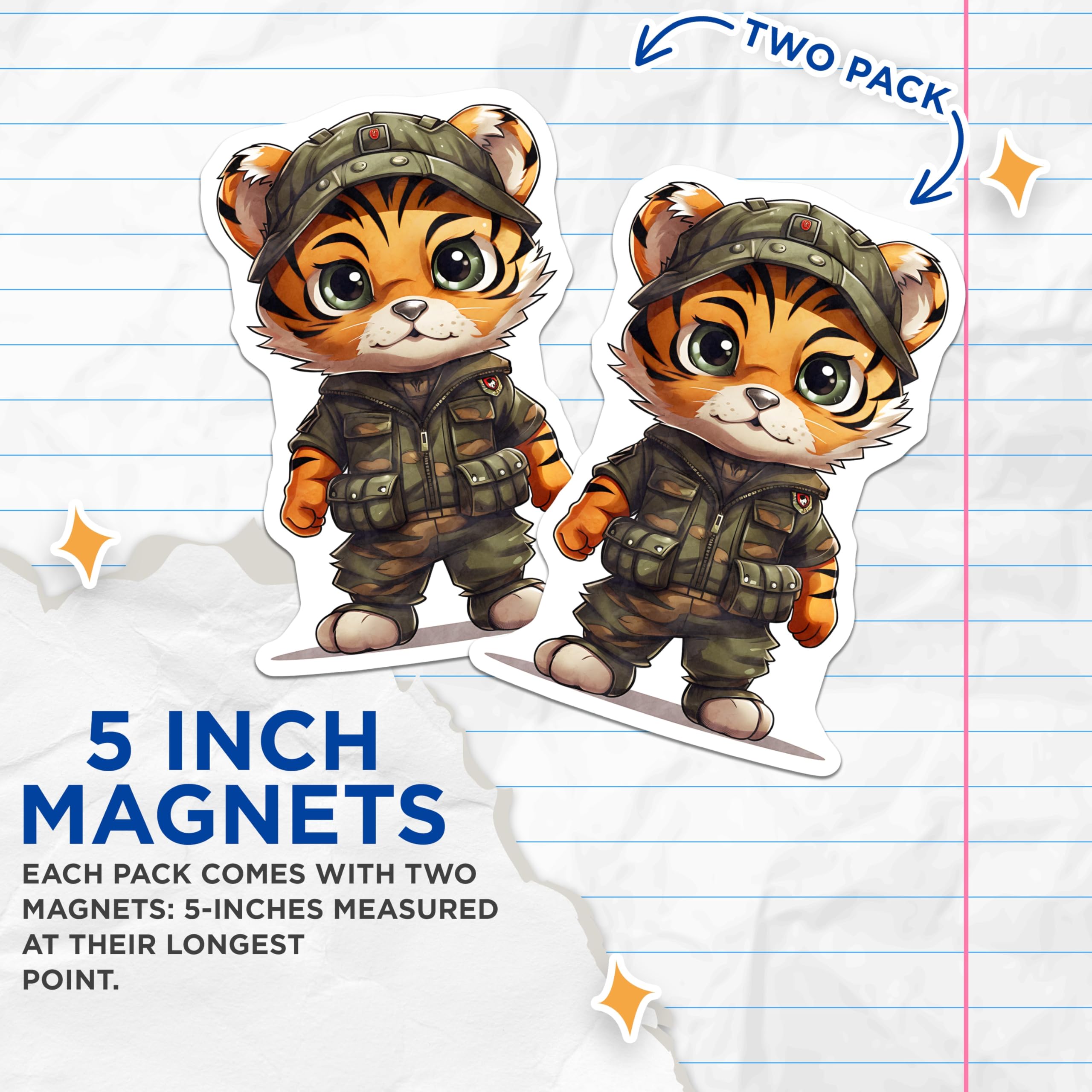 (2 Pack) Tiger Soldier Magnets - Cute Animal Art - Fridge Locker Decor - 5" On Longest Side - Premium Magnet - for Cars, Refrigerators, Toolboxes, Lockers - Made in USA - MAG16650