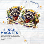 (2 Pack) Adventure Awaits Magnets - Raccoon Backpacker - Inspirational Travel - 5" On Longest Side - for Cars, Fridges, Toolboxes - Made in USA - MAG4533