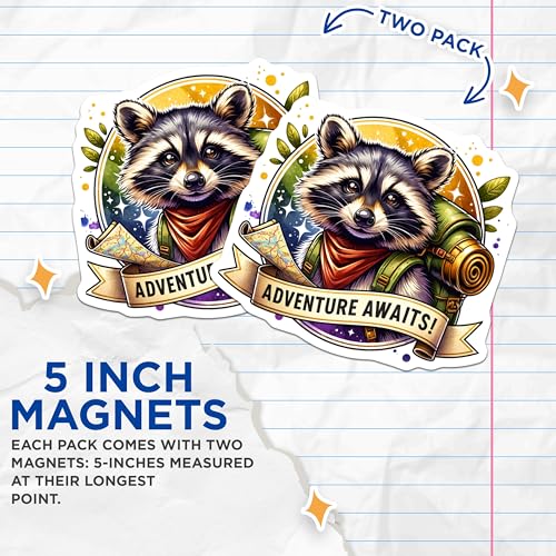 (2 Pack) Adventure Awaits Magnets - Raccoon Backpacker - Inspirational Travel - 5" On Longest Side - for Cars, Fridges, Toolboxes - Made in USA - MAG4533
