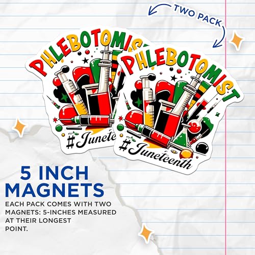 (2 Pack) Phlebotomist Magnets - Juneteenth Celebration - Colorful Syringe Design - 5" On Longest Side - for Cars, Fridges, Toolboxes - Made in USA - MAG7353