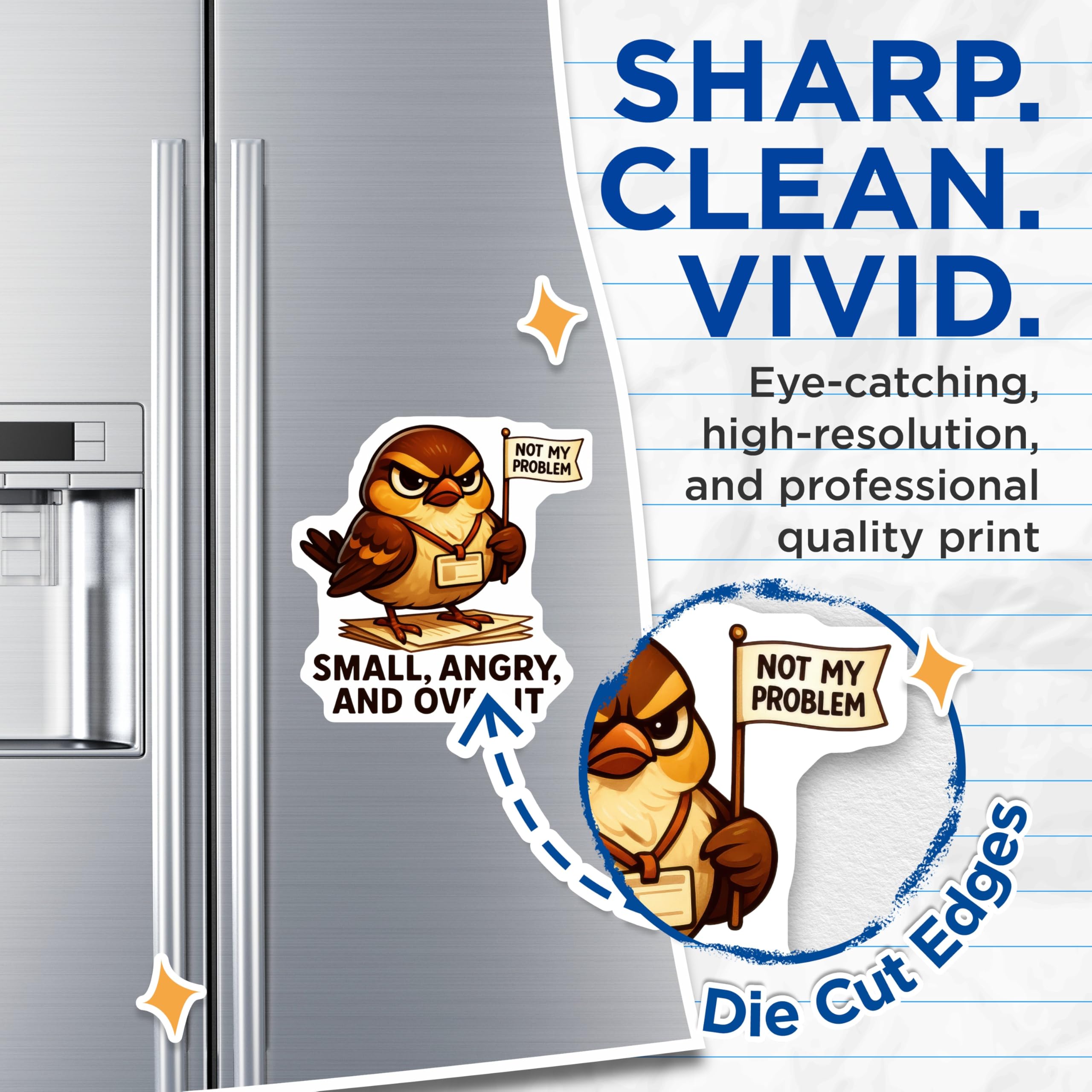 (2 Pack) Angry Sparrow Magnets - Not My Problem Bird - Funny Sarcastic Quote - Office Humor Decor - Over It Attitude - 5 Inches On Longest Side - Thick Durable Magnet - Made in USA - MAG22121