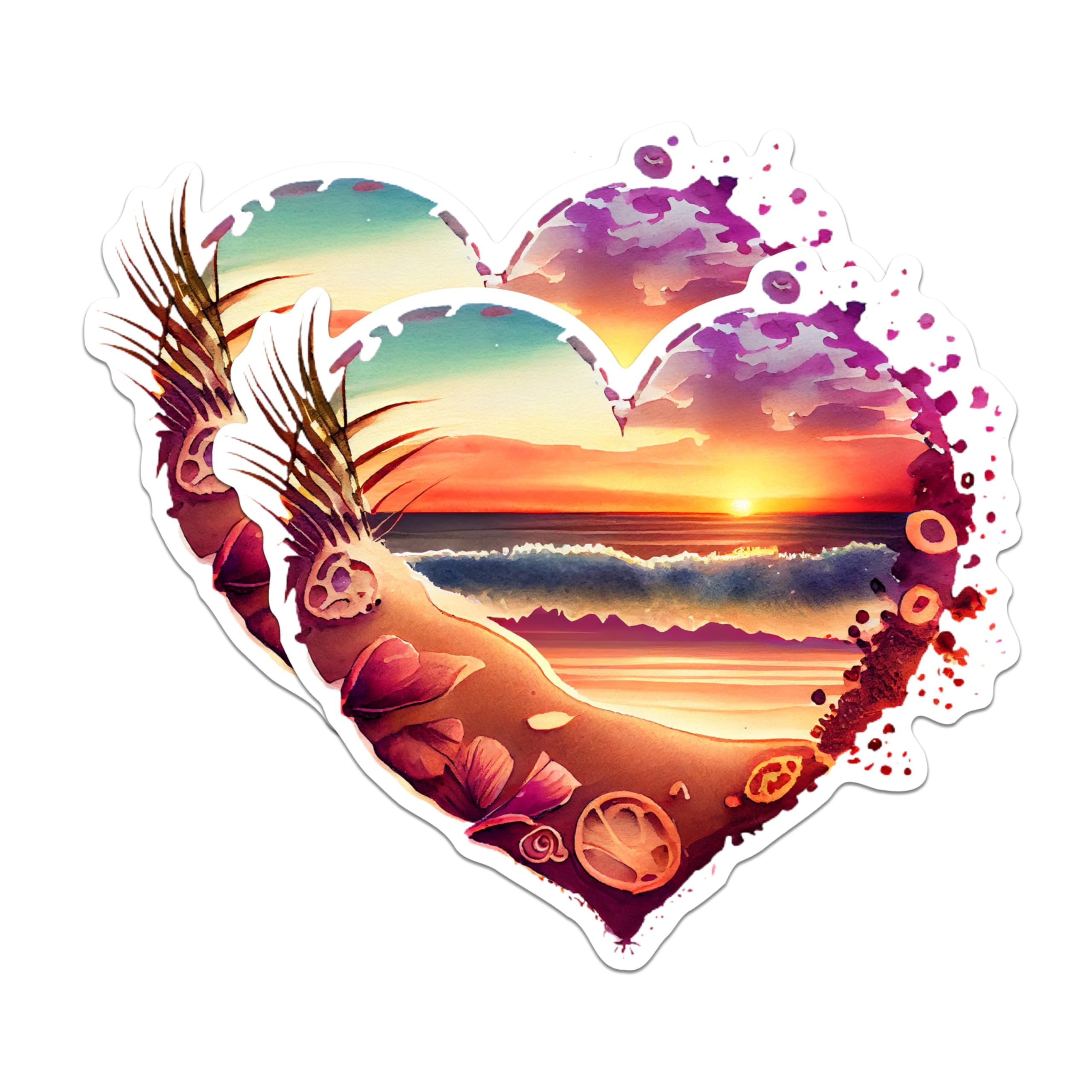(2 Pack) Beach Sunset Heart Stickers - Ocean Waves Stickers - Coastal Beach Shell Stickers - 5" On Longest Side - Sticks to Any Smooth Flat Surface - Made in USA - BMCS2857