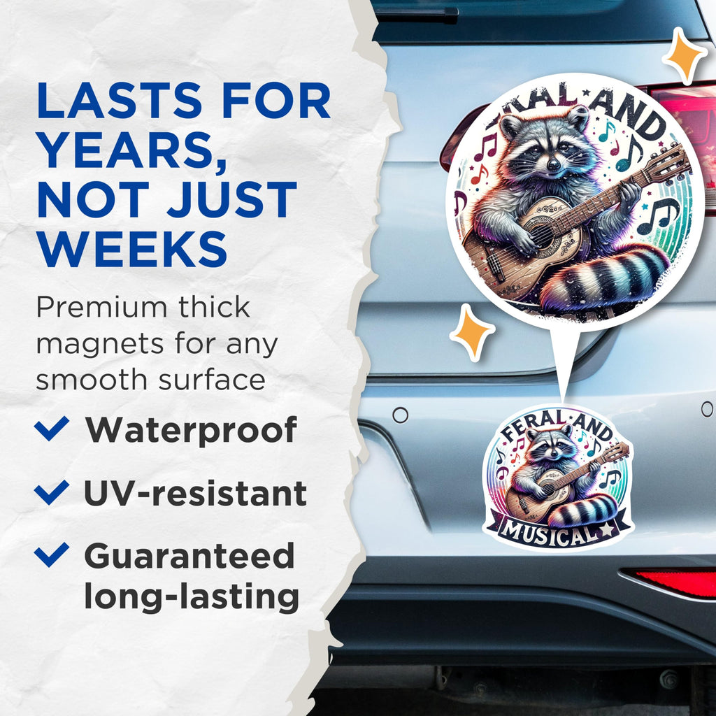 (2 Pack) Feral and Musical Magnets - Raccoon Playing Guitar - Music Lover Raccoon Magnets - 5" On Longest Side - for Cars, Fridges, Toolboxes - Made in USA - MAG4542