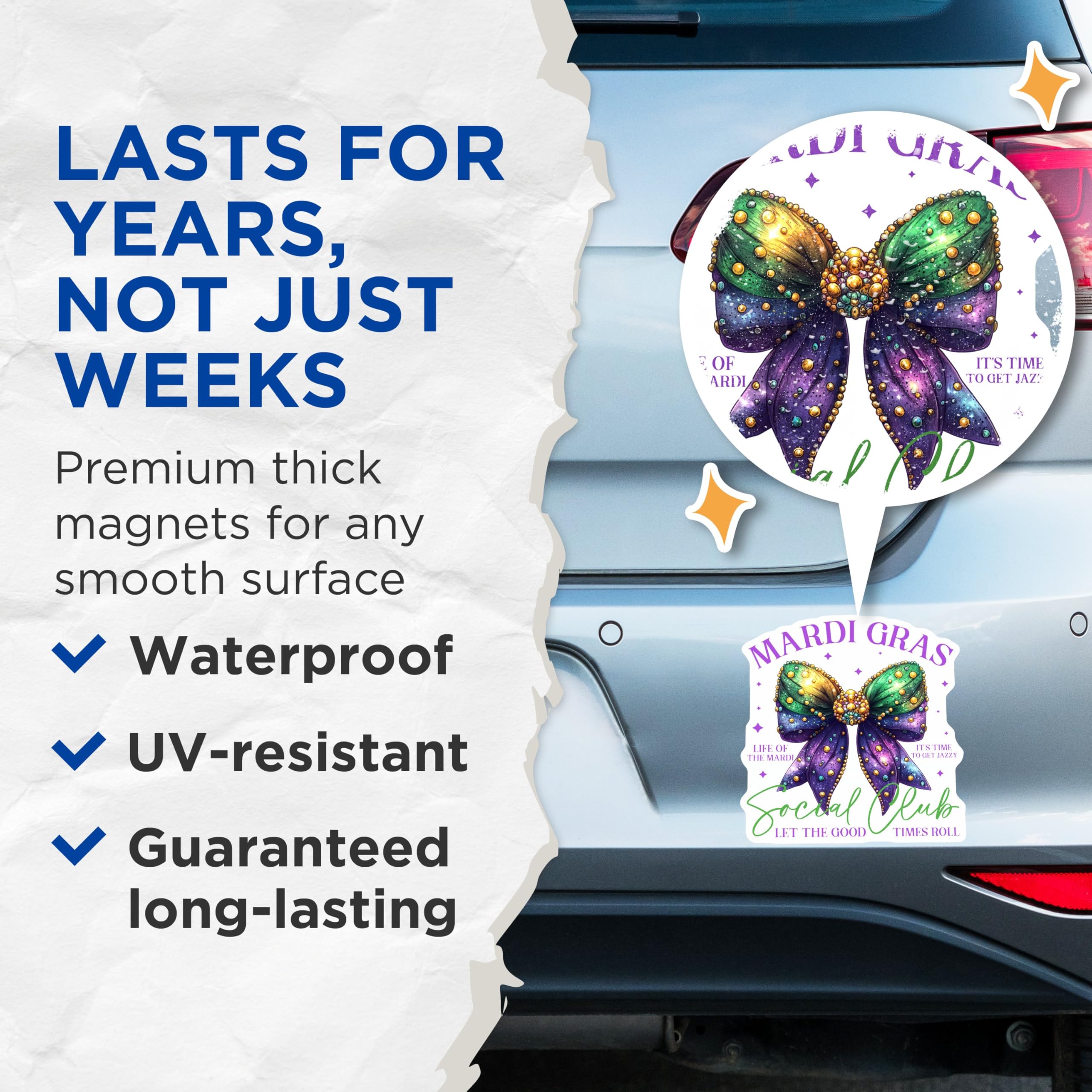 (2 Pack) Mardi Gras Social Club Magnets - Let The Good Times Roll - Festive New Orleans Decor - 5" On Longest Side - for Cars, Refrigerators, Toolboxes, Lockers - Made in USA BMCS3404