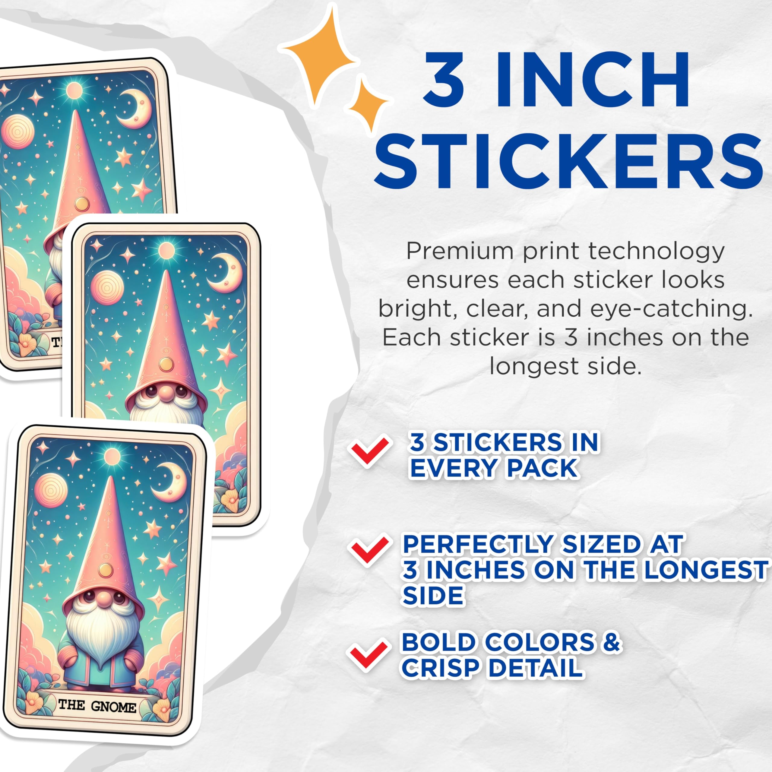 (3 Pack) Gnome Decals - Tarot Card Art - Whimsical Laptop Decal - 3 Inches On Longest Side - Easy Peel & Apply - Made in USA - 3MCS4184