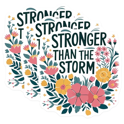 (3 Pack) Stronger Than The Storm Decals - Floral Quote - Inspirational Sticker - 3 Inches On Longest Side - Easy Peel & Apply - Made in USA - 3MCS4561