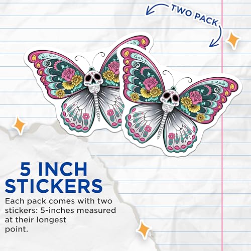 (2 Pack) Sugar Skull Butterfly Stickers - Day of The Dead - Colorful Floral Art - 5" On Longest Side - Sticks to Smooth Flat Surfaces - Made in USA - BMCS9460