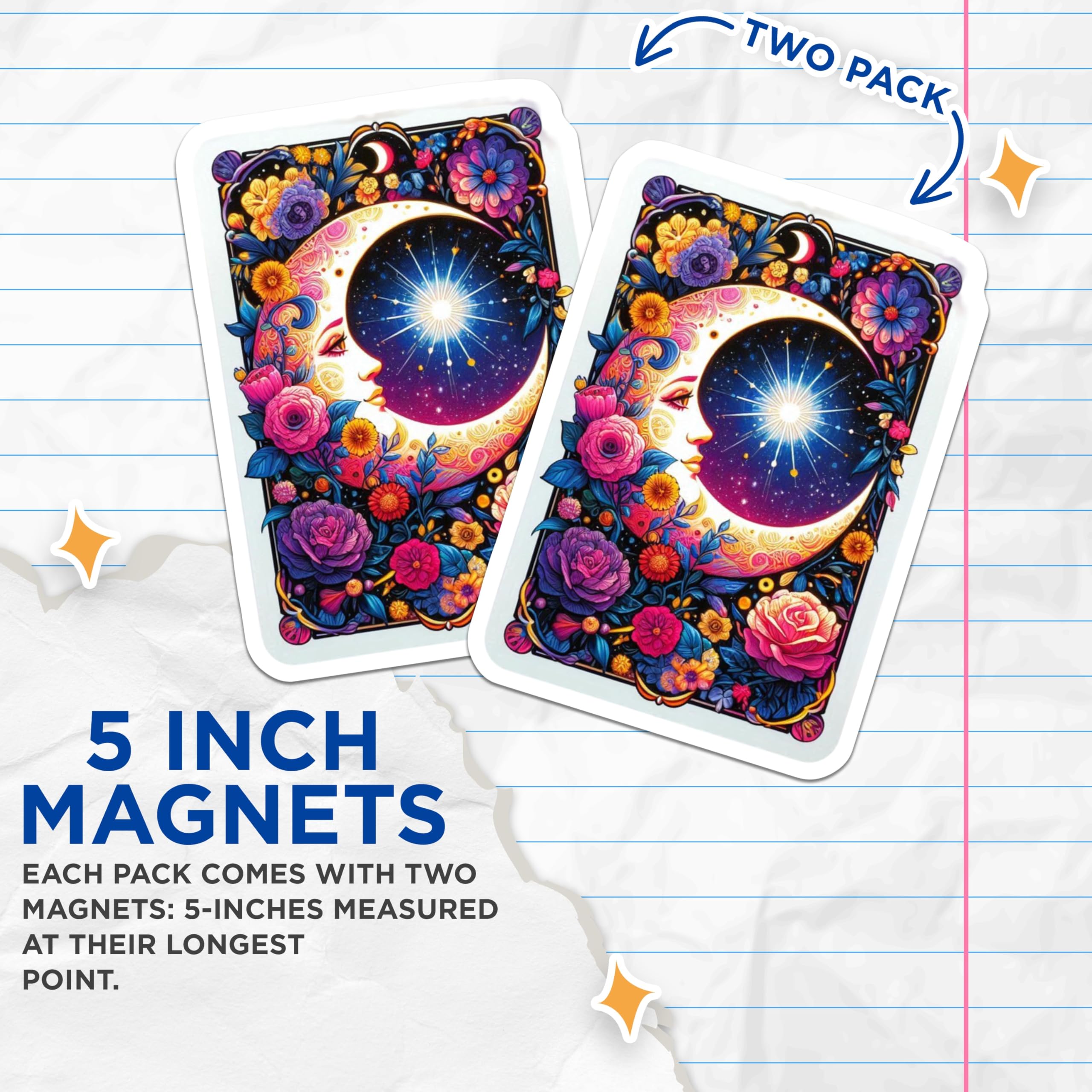 (2 Pack) Enchanting Moon Face Magnets - Vibrant Psychedelic Floral Art - Celestial Bohemian Kitchen Fridge Magnets - 5 Inches On Longest Side - Thick Durable Magnet - Made in USA - MAG20232