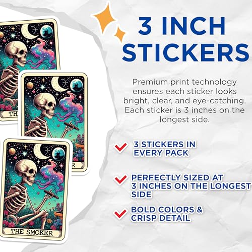 (3 Pack) Smoker Skeleton Decals - Tarot Card Inspired - Cosmic Smoke Laptop Decal - 3 Inches On Longest Side - Easy Peel & Apply - Made in USA - 3MCS4267