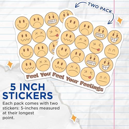 (2 Pack) Emoji Expression Stickers - Feel Your Feelings - Cute Faces Sticker Pack - 5" On Longest Side - Sticks to Smooth Flat Surfaces - Made in USA - BMCS6531