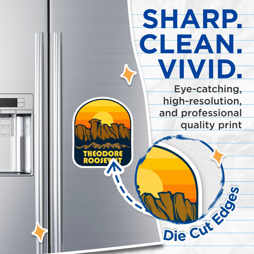 (2 Pack) Theodore Roosevelt Magnets - National Park Decor - Retro Sunset Fridge Magnets - 5" On Longest Side - Premium Magnet - for Cars, Refrigerators, Toolboxes, Lockers - Made in USA - MAG18668