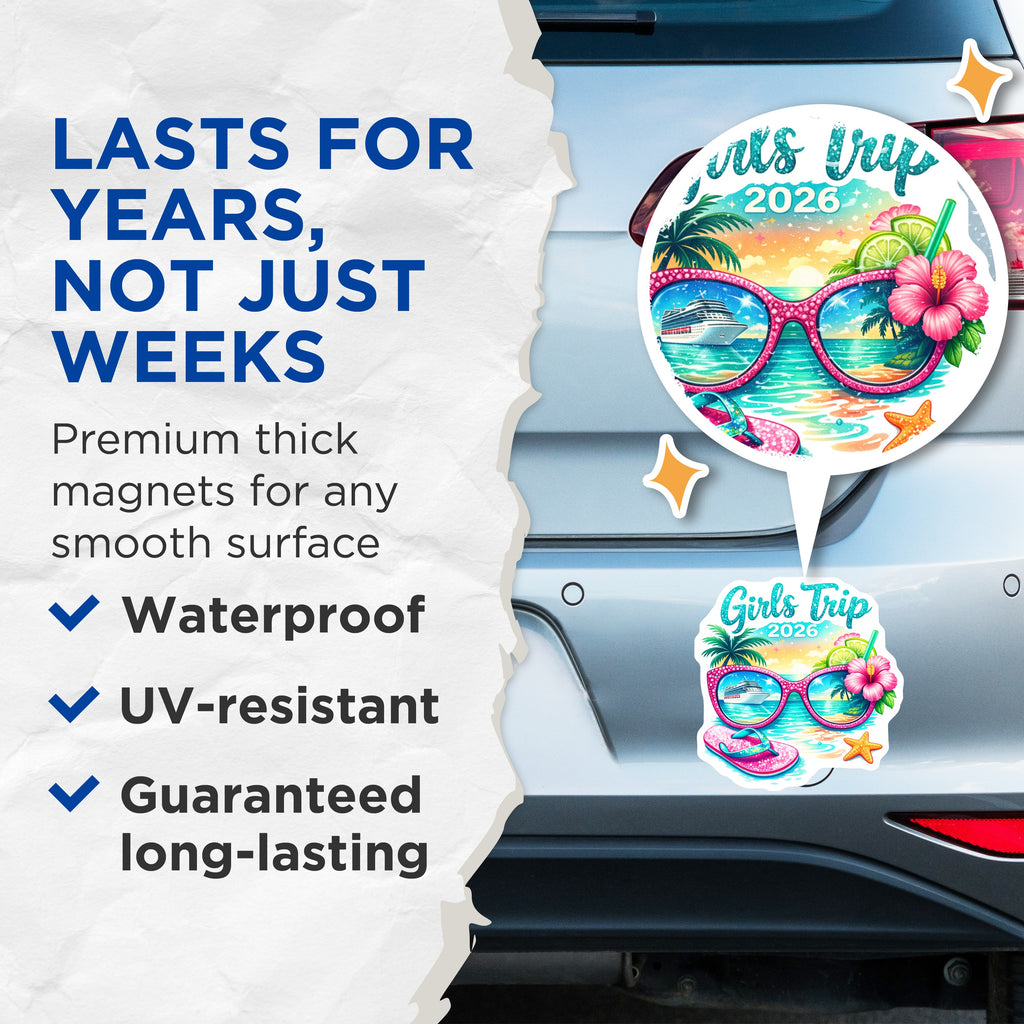 (2 Pack) Girls Trip 2026 Magnets - Tropical Vacation Cruise - Beach Bachelorette Souvenir - 5 Inches On Longest Side - Thick Durable Magnet - Made in USA - MAG37916