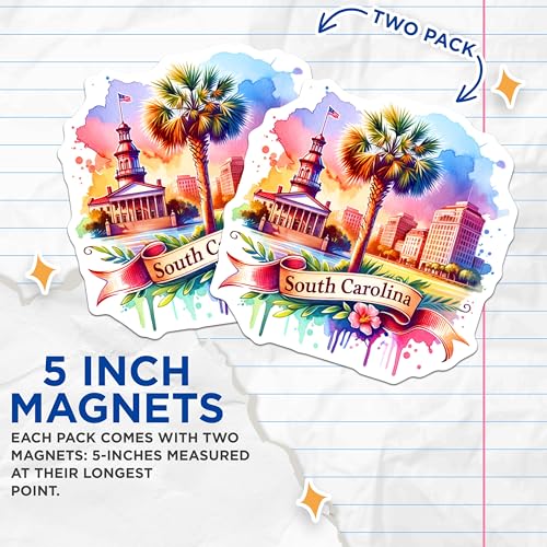 (2 Pack) South Carolina Magnets - State Souvenir - Watercolor State Art - 5" On Longest Side - for Cars, Fridges, Toolboxes - Made in USA - MAG6823