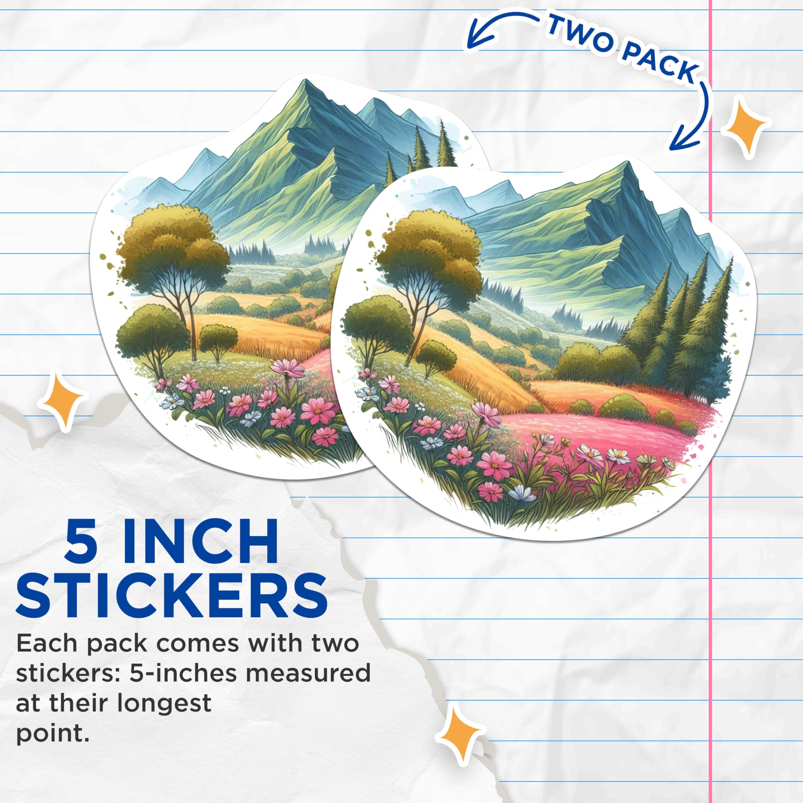 (2 Packs) Mountains Scenery Hillside Stickers - Nature Outdoorsman Hiking Hiker Decals - 5 Inches On Longest Side - Premium Vinyl Decal - Sticks to Any Smooth Flat Surface - Made in USA - BMCS2295