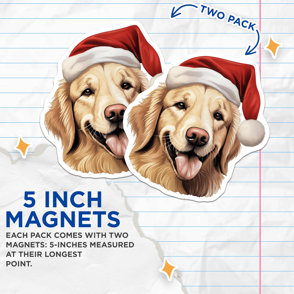 (2 Pack) Christmas Golden Retriever Magnets - Santa Hat Dog - Festive Holiday Pet Decor for Dog Parents - 5 Inches On Longest Side - Thick Durable Magnet - Made in USA - MAG27730