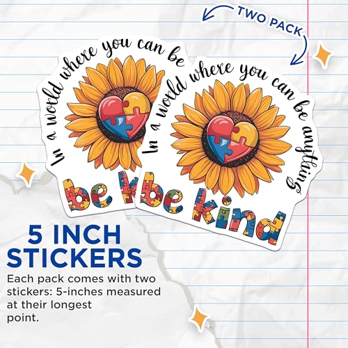 (2 Pack) Be Kind Stickers - Sunflower Design - Inspirational Puzzle Heart - 5" On Longest Side - Sticks to Smooth Flat Surfaces - Made in USA - BMCS9847