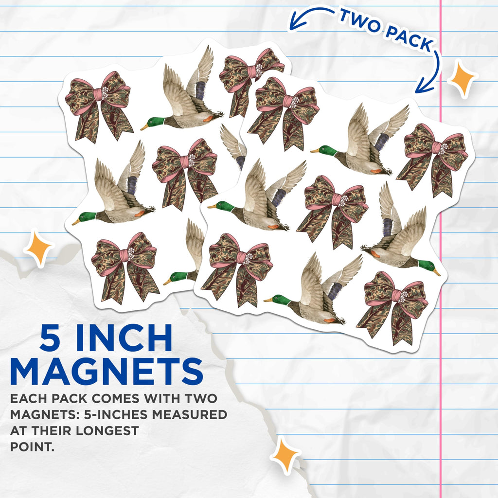 (2 Pack) Flying Mallard Duck Magnets - Camouflage Bow Cabin Decor - Outdoorsy Refrigerator Accessories for Hunters - 5 Inches On Longest Side - Thick Durable Magnet - Made in USA - MAG19735