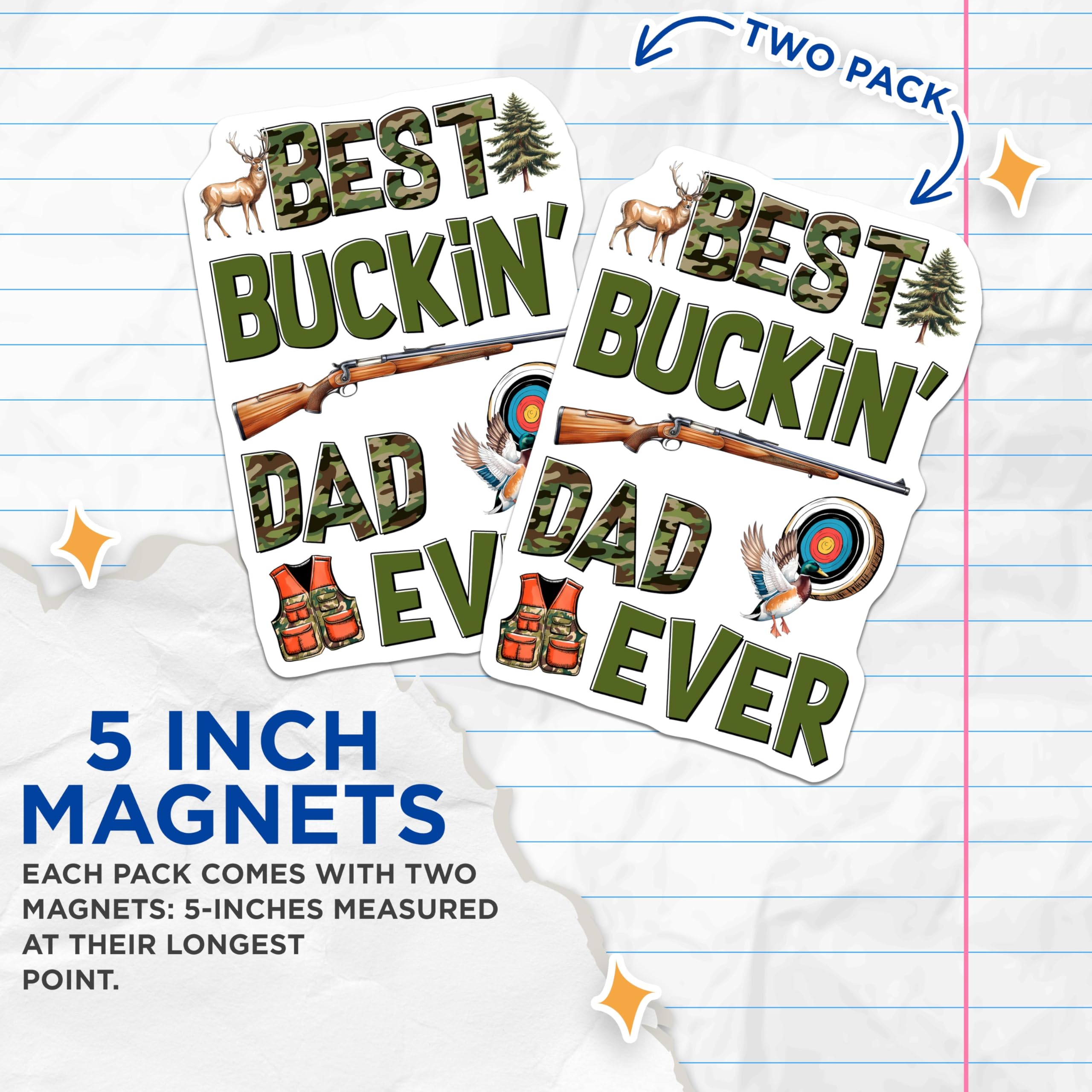 (2 Pack) Best Buckin Dad Ever Magnets - Hunting Deer Duck - Camo Dad Refrigerator Magnets - 5" On Longest Side - Premium Magnet - for Cars, Refrigerators, Toolboxes, Lockers - Made in USA - MAG15233