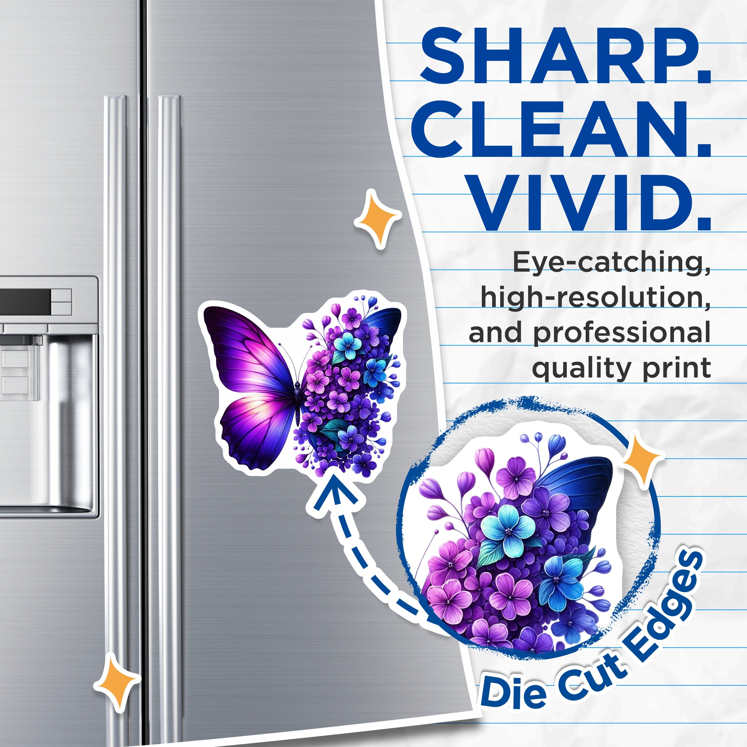 (2 Pack) Butterfly Flower Magnets - Purple Blue Floral Decor - Nature Art Kitchen Fridge - Refrigerator Locker Decal - 5 Inches On Longest Side - Thick Durable Magnet - Made in USA - MAG39135