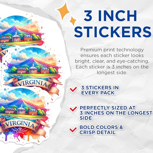 (3 Pack) Virginia Decals - Watercolor State Art - Laptop Stickers- 3 Inches On Longest Side - Easy Peel & Apply - Made in USA - 3MCS5878