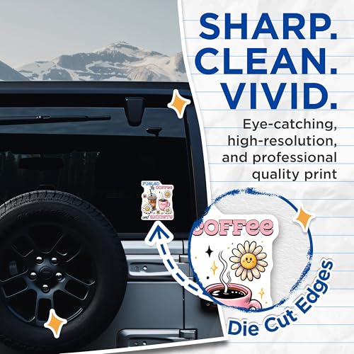 (2 Pack) Fueled by Coffee Stickers - Cute Funny Coffee - Kawaii Anxiety Relief - 5" On Longest Side - Sticks to Smooth Flat Surfaces - Made in USA - BMCS7523