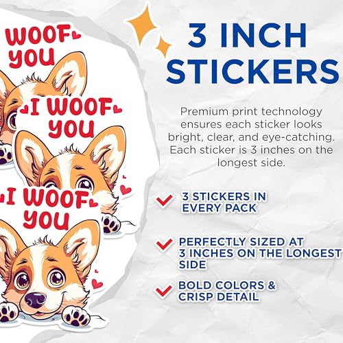 (3 Pack) I Woof You Decals - Corgi Dog Stickers - Cute Animal Decal - 3 Inches On Longest Side - Easy Peel & Apply - Made in USA - 3MCS1405
