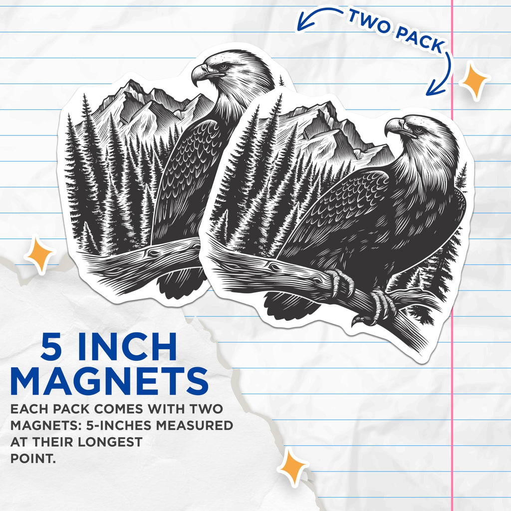(2 Pack) Powerful Eagle Magnets - Majestic Mountain Forest Landscape - Outdoors Nature Inspired Refrigerator Decor - 5 Inches On Longest Side - Thick Durable Magnet - Made in USA - MAG21511