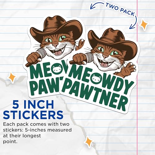 (2 Pack) Cat Cowboy Stickers - Funny Cat Meme - Cute Animal Decals - 5" On Longest Side - Sticks to Smooth Flat Surfaces - Made in USA - BMCS5929