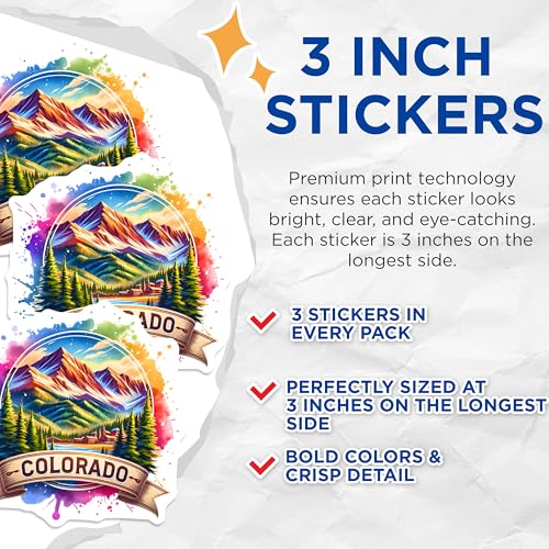 (3 Pack) Colorado Decals - Mountain Scenery Stickers - Laptop Decor Decals- 3 Inches On Longest Side - Easy Peel & Apply - Made in USA - 3MCS5536