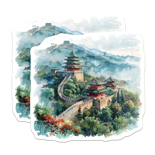 (2 Pack) Beautiful Landscape Stickers - Asian Temple Scene - Wall Art Stickers - Nature Scenery Stickers - 5" On Longest Side - Sticks to Smooth Flat Surfaces - Made in USA - BMCS5204
