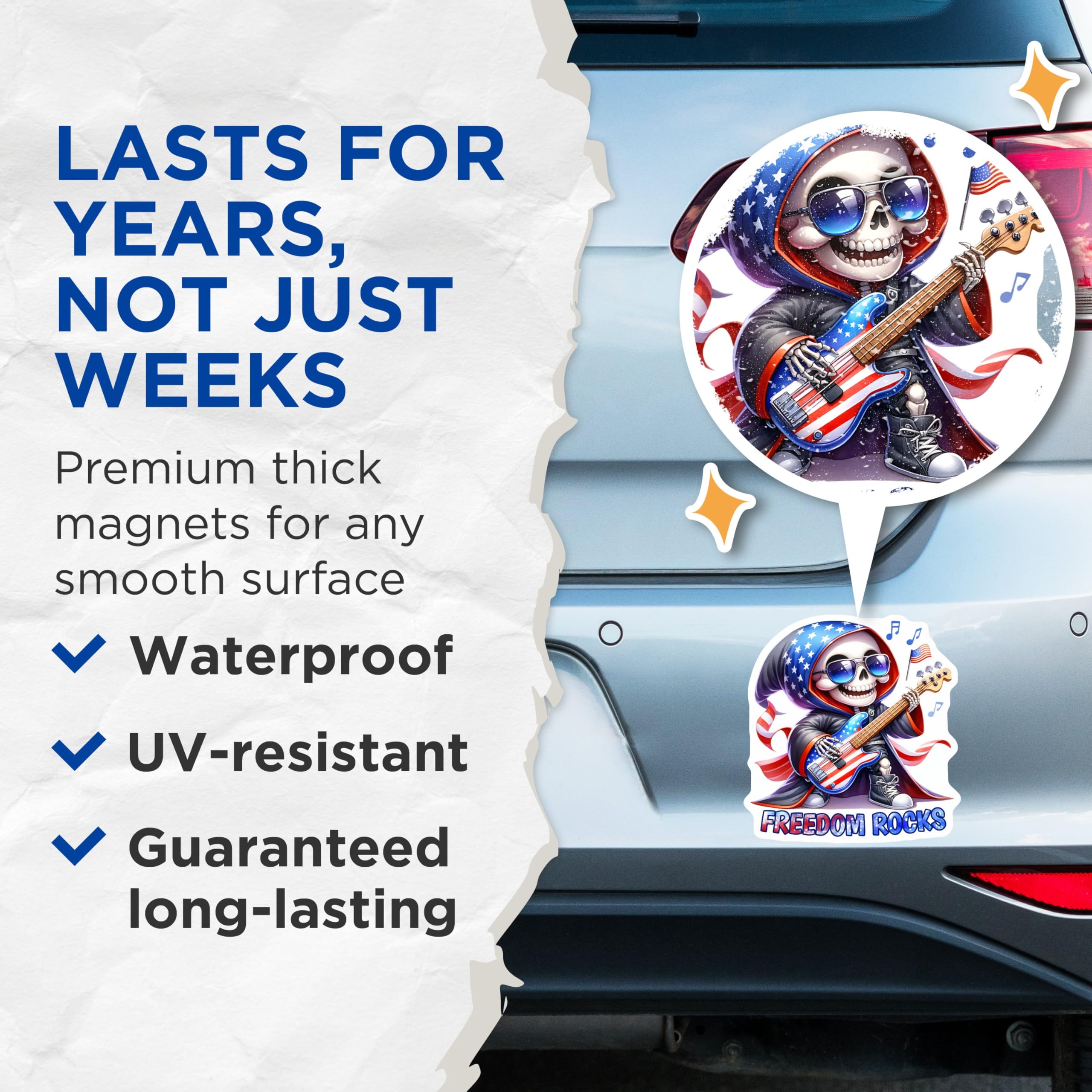 (2 Pack) Freedom Rocks Magnets - Patriotic Skeleton Playing Guitar - American Flag Music Decor - 5" On Longest Side - for Cars, Fridges, Toolboxes - Made in USA - MAG7918