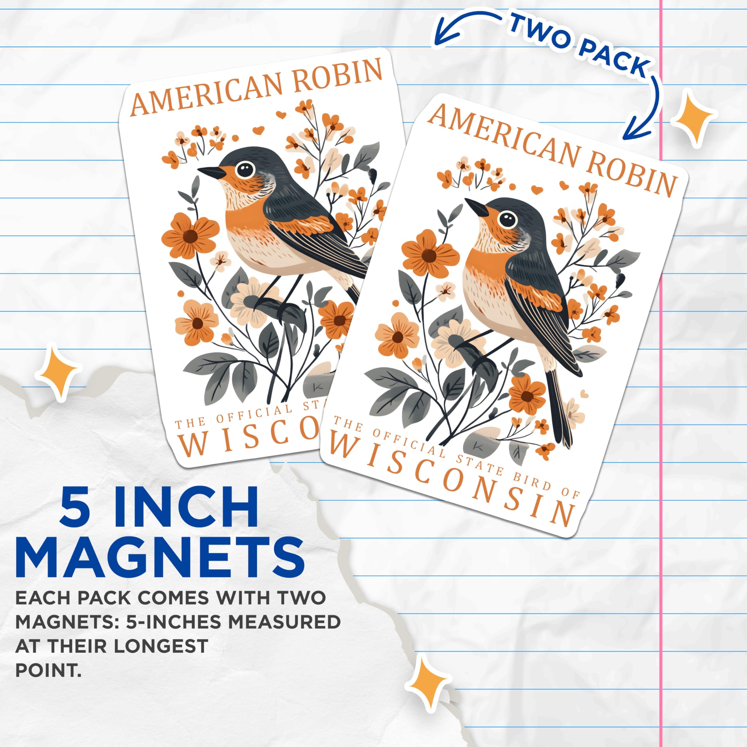 (2 Pack) American Robin Magnets - Wisconsin State Bird Decor - Floral Bird Art - 5" On Longest Side - Premium Magnet - for Cars, Refrigerators, Toolboxes, Lockers - Made in USA - MAG18044