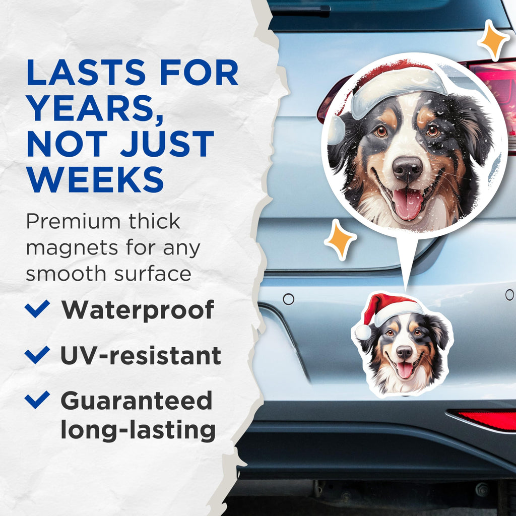 (2 Pack) Christmas Australian Shepherd Magnets - Holiday Dog Decor - Pet Parent Refrigerator Art - 5 Inches On Longest Side - Thick Durable Magnet - Made in USA - MAG27228