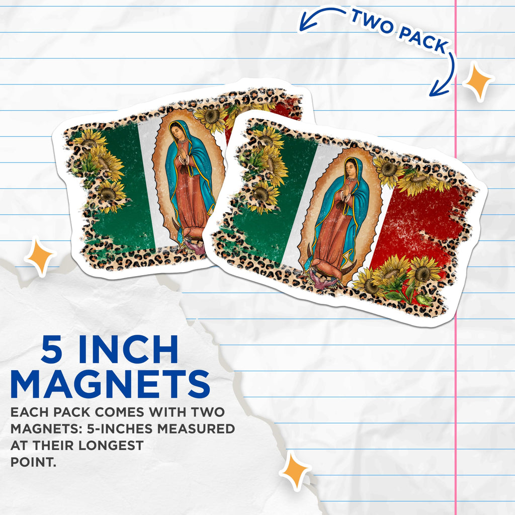 (2 Pack) Virgen de Guadalupe Mexican Flag Magnets - Our Lady Catholic Boho Decor - Leopard Print Sunflowers Spiritual Art - 5 Inches On Longest Side - Thick Durable Magnet - Made in USA - MAG27368