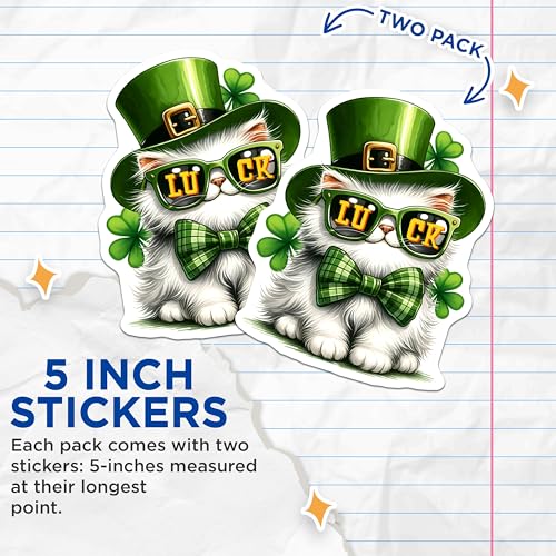(2 Pack) Cute Cat with Shamrock Hat Stickers - Lucky St. Patrick's Day - Adorable Decal - 5" On Longest Side - Sticks to Smooth Flat Surfaces - Made in USA - BMCS8105