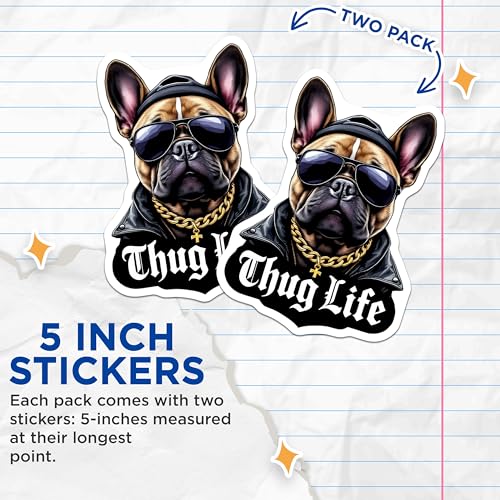 (2 Pack) Thug Life Dog Stickers - Funny Bulldog Stickers - Cool Dog Stickers - 5" On Longest Side - Sticks to Smooth Flat Surfaces - Made in USA - BMCS4629