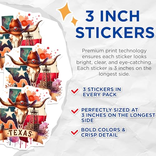 (3 Pack) Texas Skull Decals - Cowboy Hat Decal - Lone Star State Decal- 3 Inches On Longest Side - Easy Peel & Apply - Made in USA - 3MCS5181