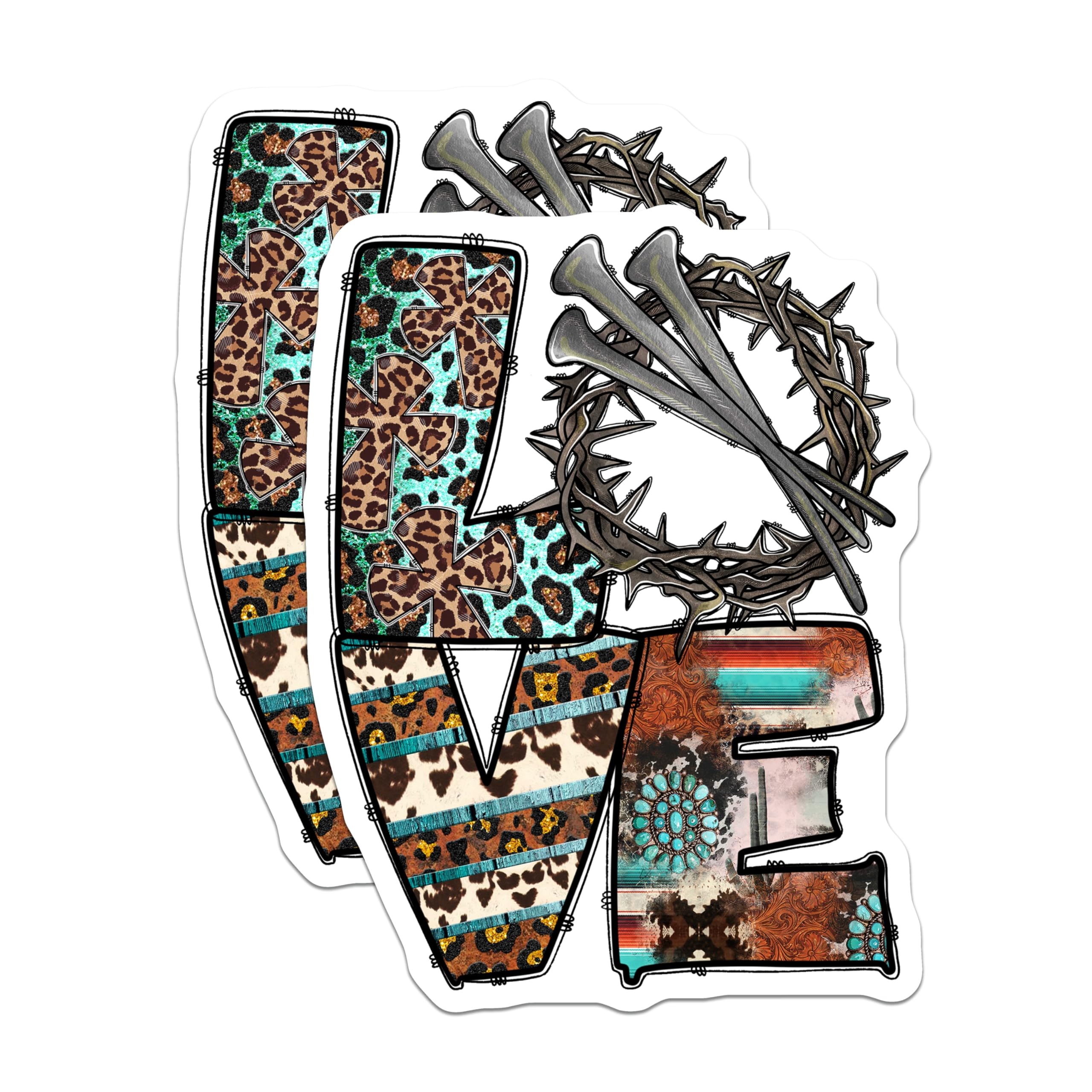 (2 Pack) Christian Western Love Magnets - Jesus Crown Thorns - Boho Leopard Cowhide Turquoise - 5 Inches On Longest Side - Thick Durable Magnet - Made in USA - MAG29129