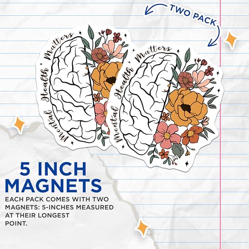 (2 Pack) Mental Health Matters Magnets - Brain and Flowers Design - Inspirational Mental Well-Being Magnet - 5" On Longest Side - for Cars, Fridges, Toolboxes - Made in USA - MAG6948