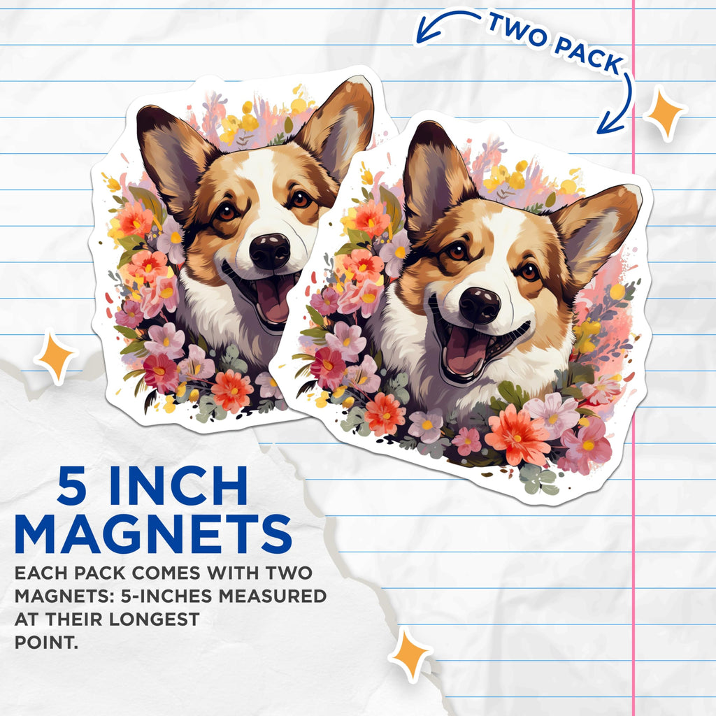 (2 Pack) Pembroke Welsh Corgi Magnets - Adorable Happy Dog Floral Decor - Whimsical Pet Refrigerator Art for Dog Lovers - 5 Inches On Longest Side - Thick Durable Magnet - Made in USA - MAG23852