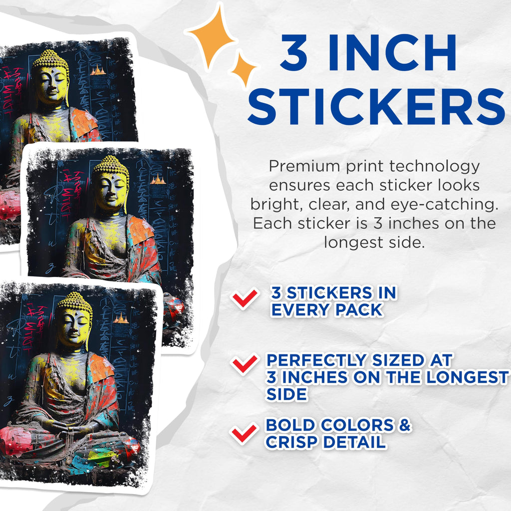(3 Pack) Buddha Decals - Colorful Buddha Art - Spiritual Laptop Decals - 3 Inches On Longest Side - Easy Peel & Apply - Made in USA - 3MCS2151