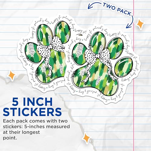 (2 Pack) St Patrick's Day Paw Print Stickers - Dog Lover - Festive Holiday Decoration - 5" On Longest Side - Sticks to Smooth Flat Surfaces - Made in USA - BMCS8623