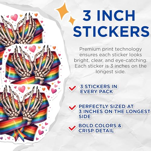 (3 Pack) LGBT Pride Decals - Rainbow Heart - Skeleton Hands Stickers- 3 Inches On Longest Side - Easy Peel & Apply - Made in USA - 3MCS5476