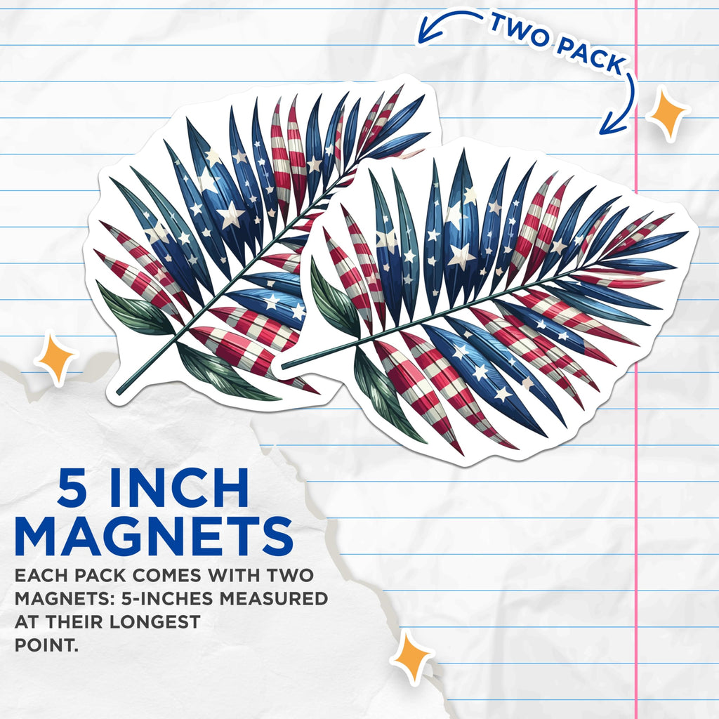 (2 Pack) American Flag Palm Leaf Magnets - Patriotic Decor Fridge Magnets - Summer USA Tropical Independence Day - 5 Inches On Longest Side - Thick Durable Magnet - Made in USA - MAG20012